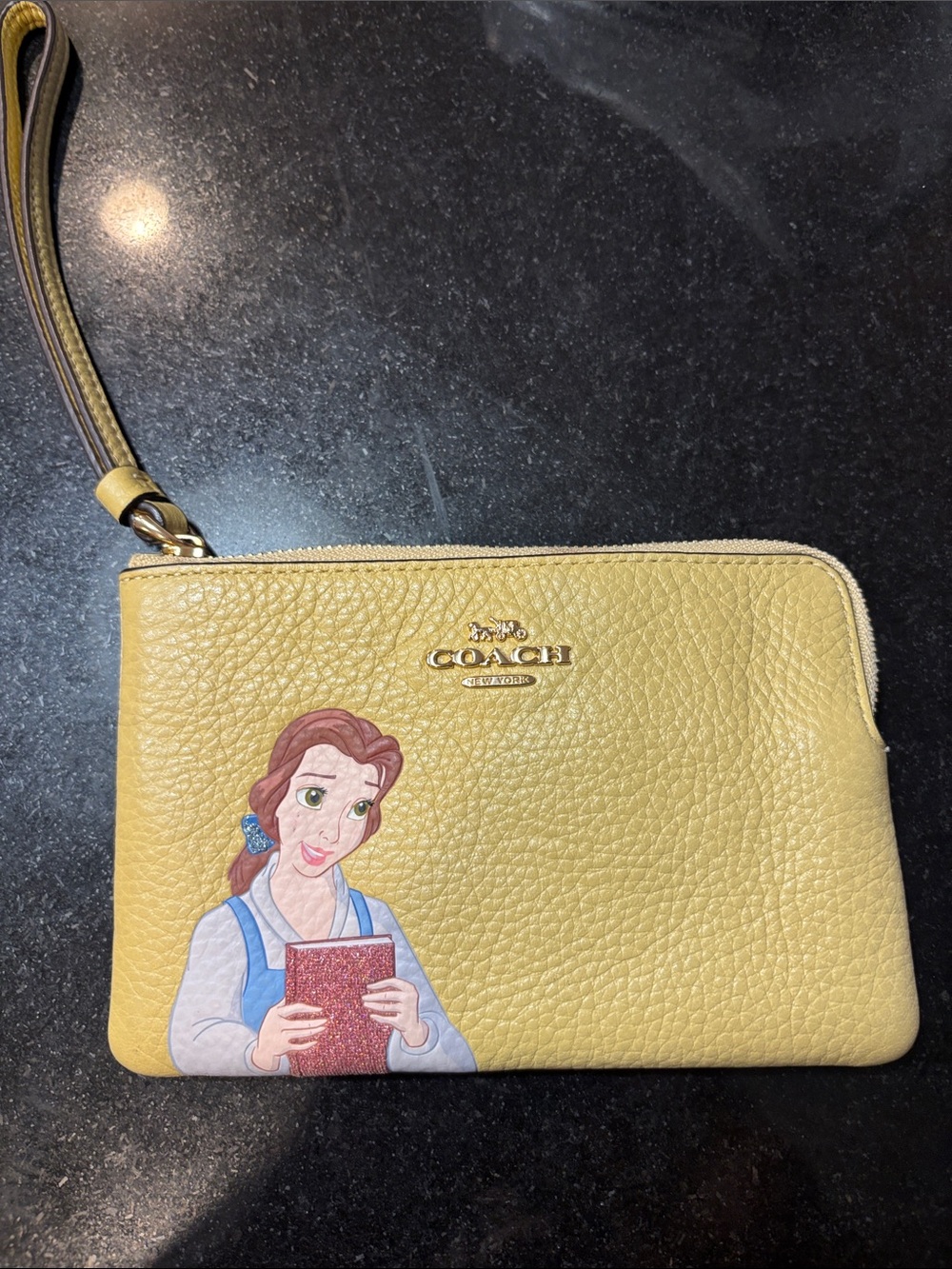 Coach Yellow Pebbled Leather Wristlet with Belle Print